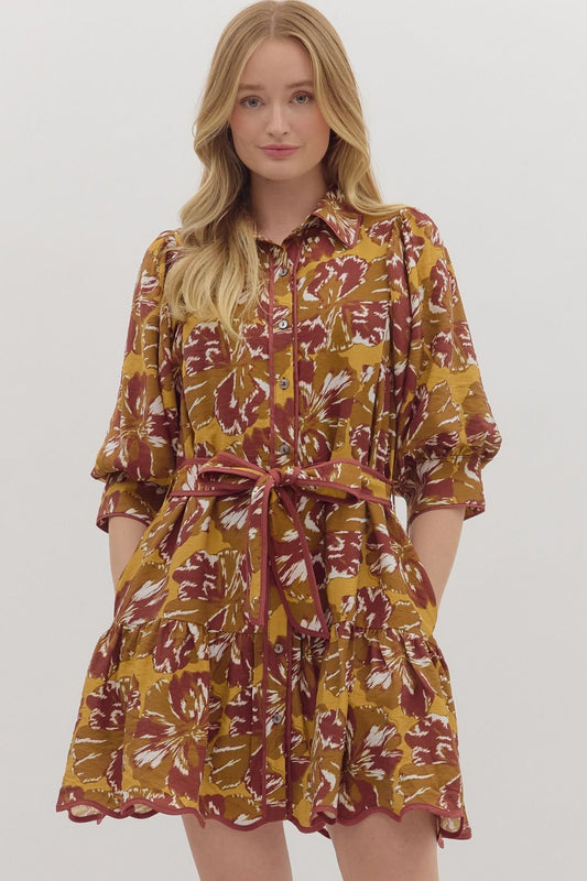 Floral Print 3/4 Sleeve Mini Dress - Brown