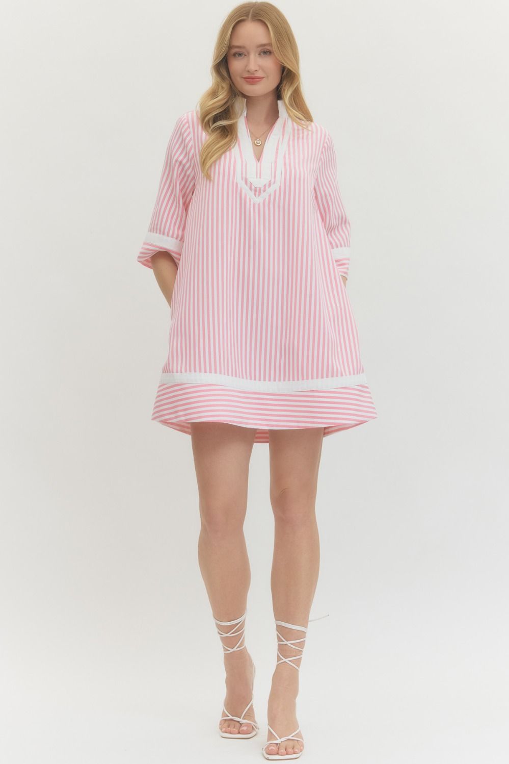 Striped Half Sleeve Mini Dress - Pink