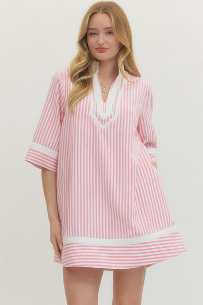 Striped Half Sleeve Mini Dress - Pink