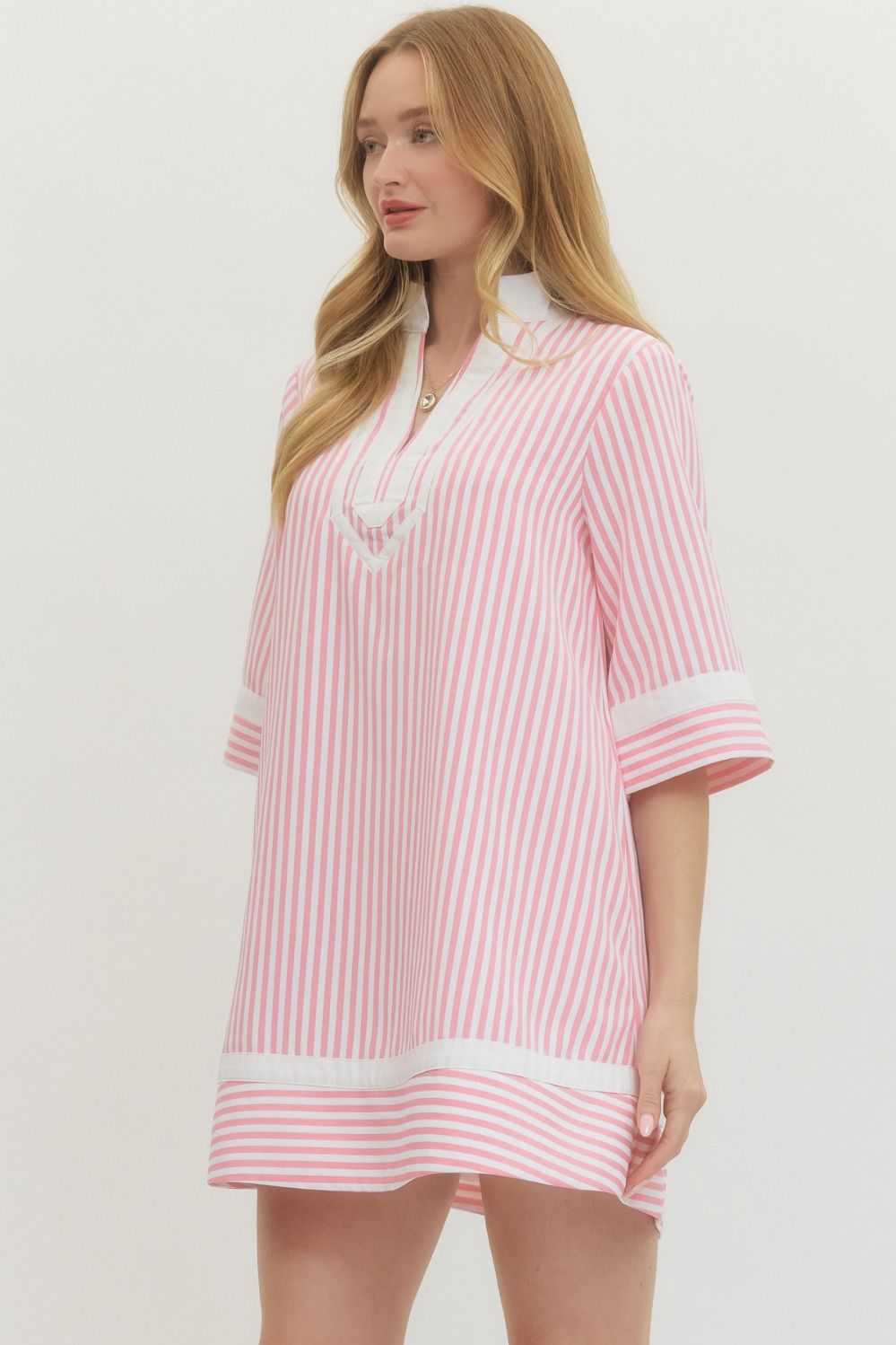 Striped Half Sleeve Mini Dress - Pink