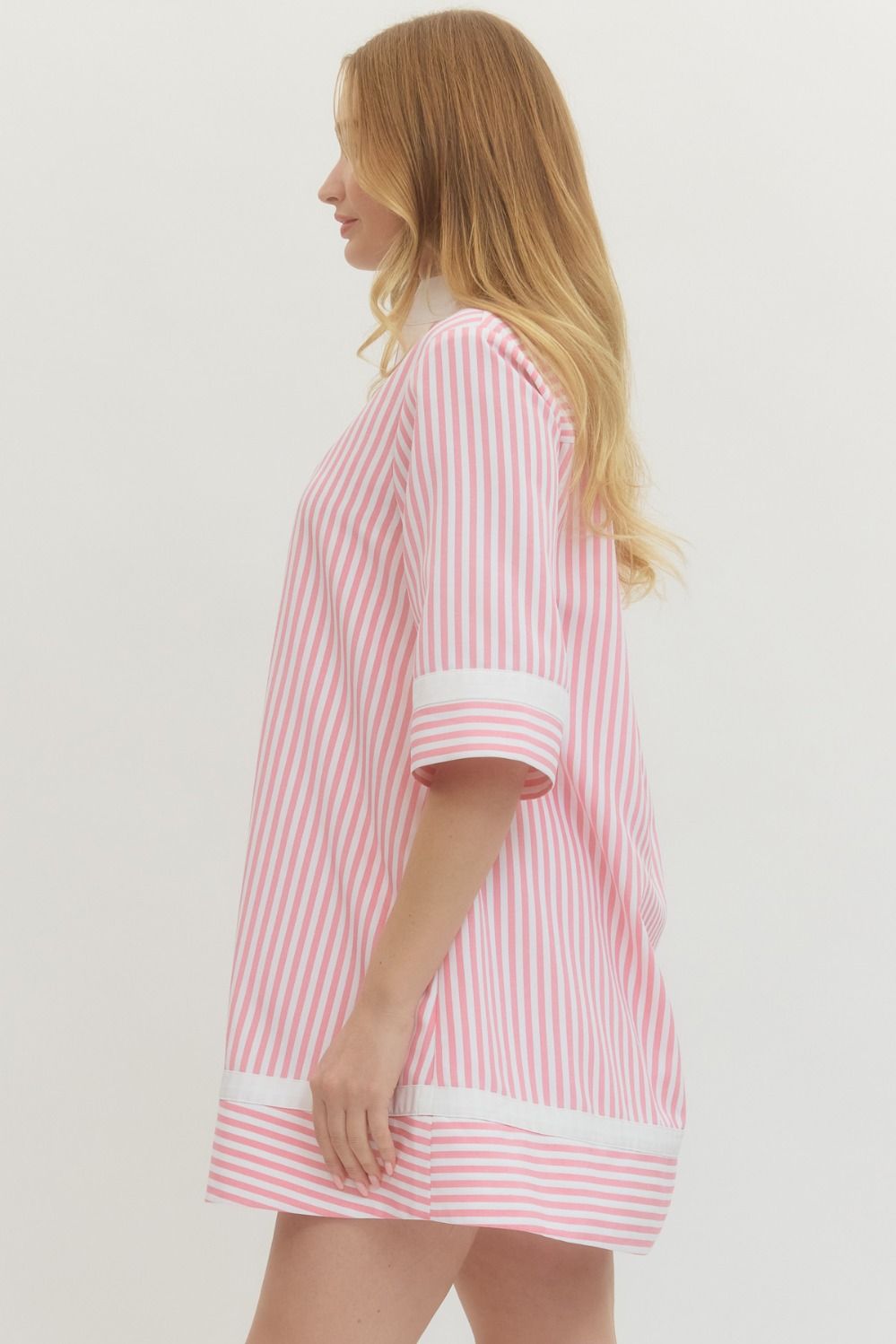 Striped Half Sleeve Mini Dress - Pink