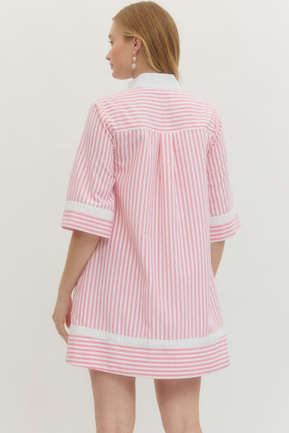 Striped Half Sleeve Mini Dress - Pink