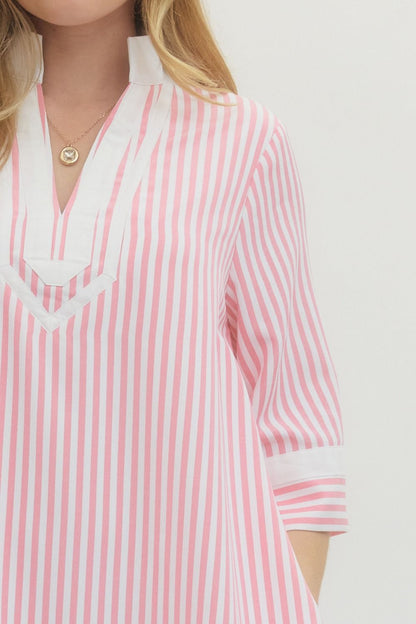 Striped Half Sleeve Mini Dress - Pink