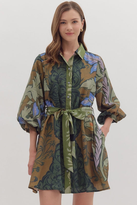 Botanical Long Sleeve Mini Dress - Multi