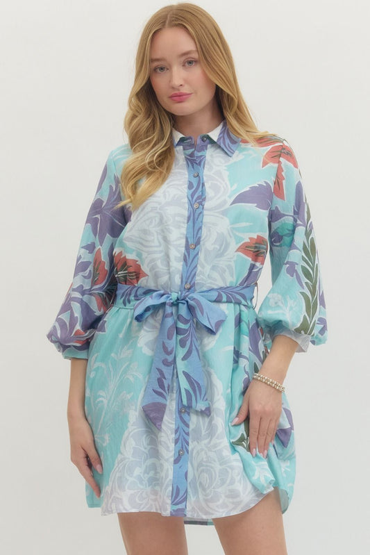 Botanical Print Long Sleeve Mini Dress - Blue