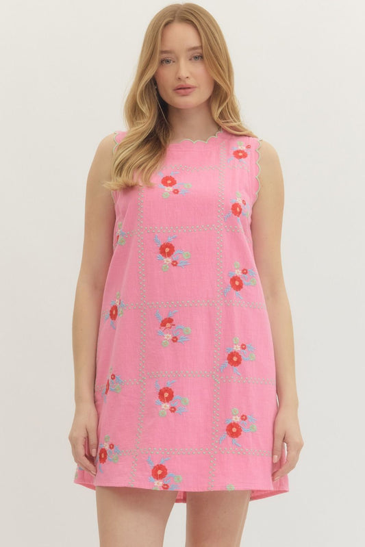 Floral Embroidered Sleeveless Mini Dress - Pink