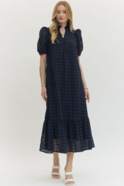 Eyelet Puff Sleeve Midi Dress - Navy