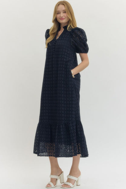 Eyelet Puff Sleeve Midi Dress - Navy