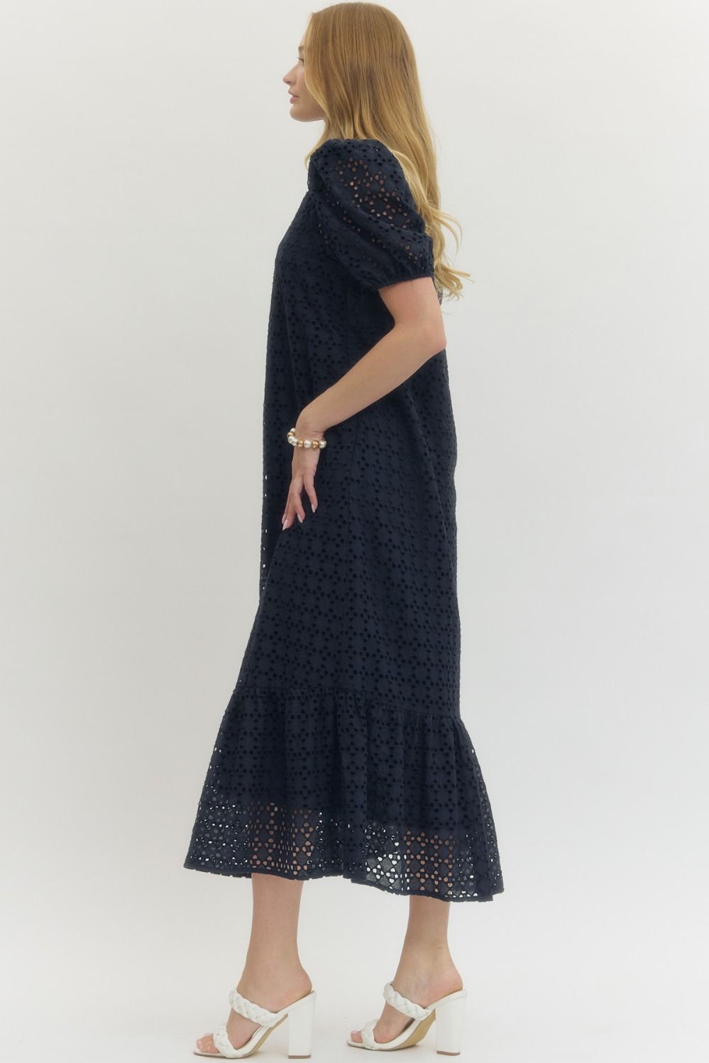 Eyelet Puff Sleeve Midi Dress - Navy
