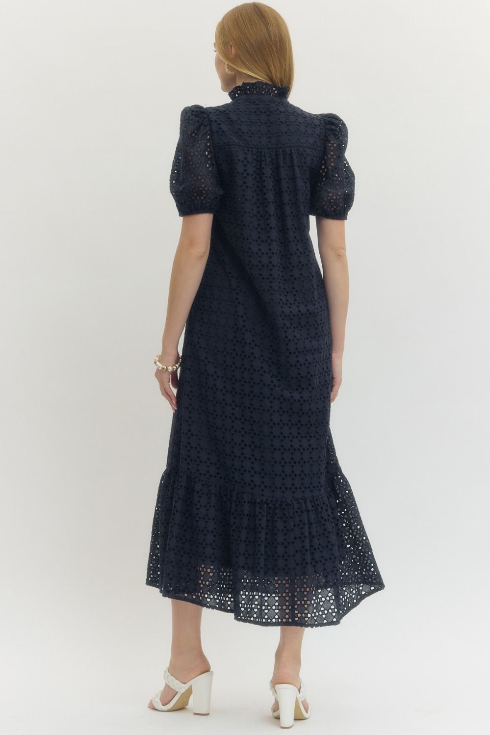 Eyelet Puff Sleeve Midi Dress - Navy