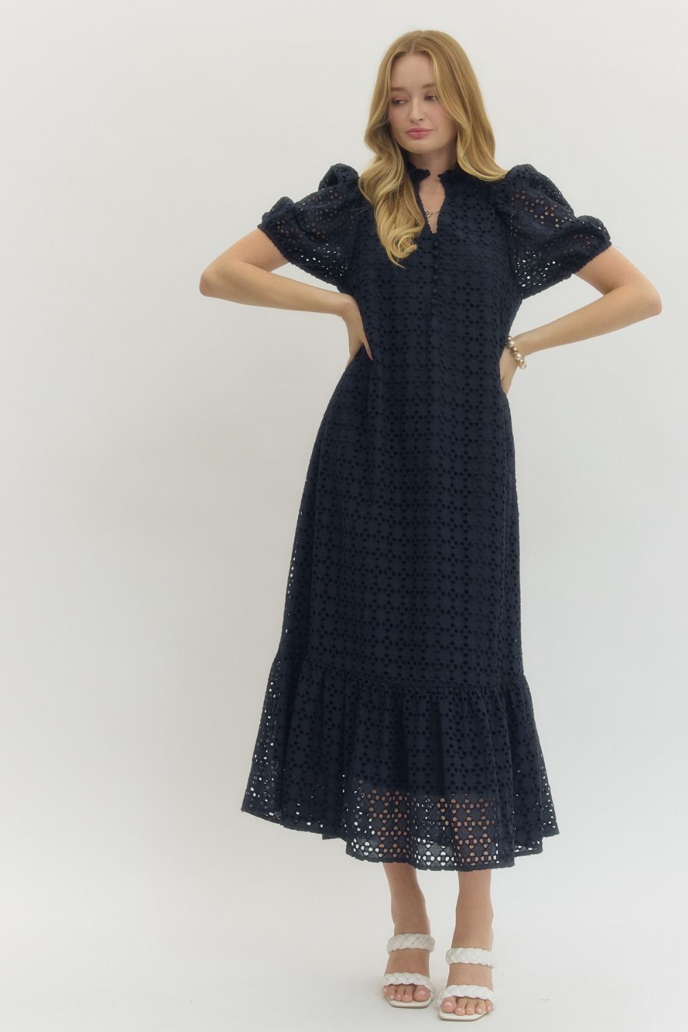 Eyelet Puff Sleeve Midi Dress - Navy