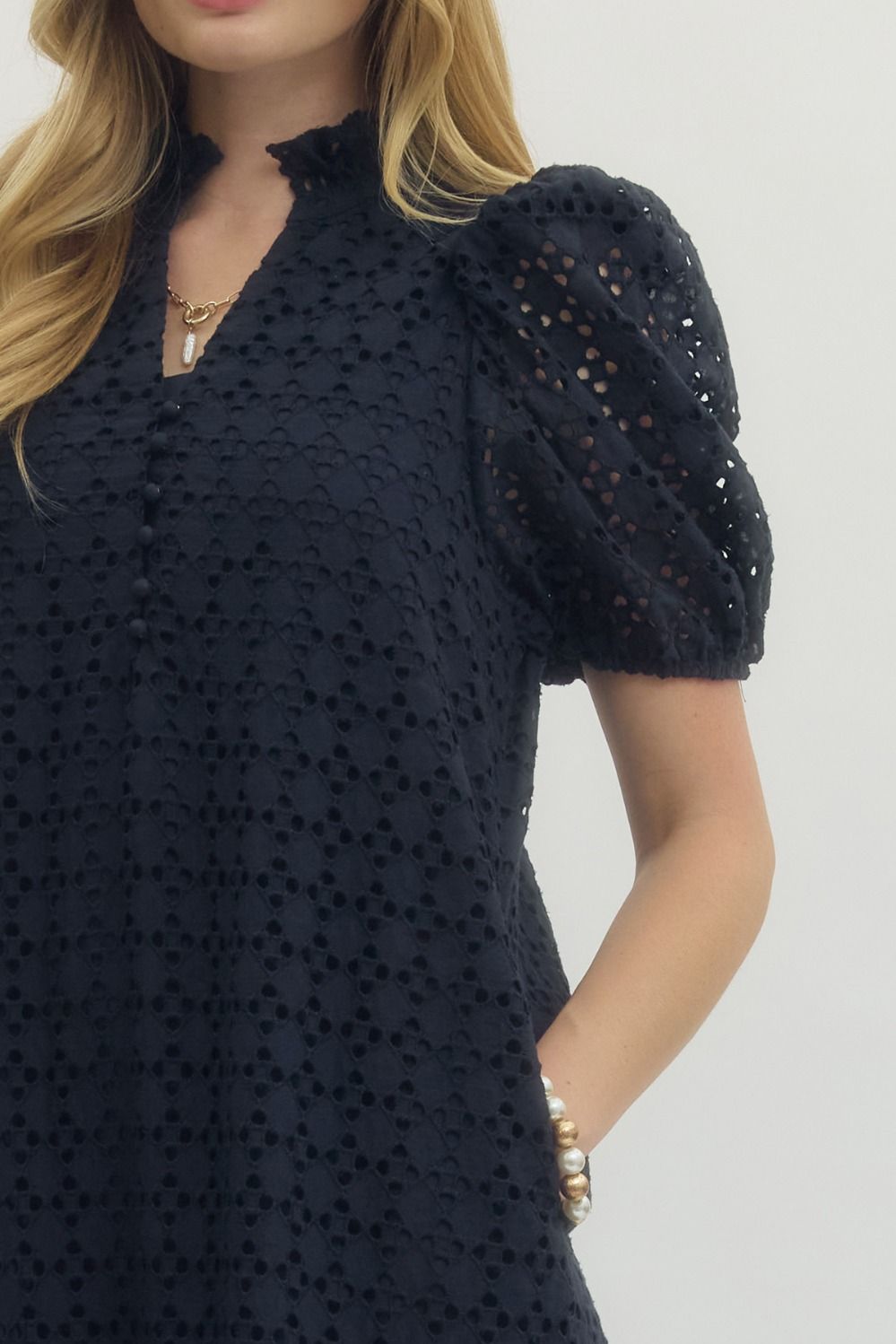 Eyelet Puff Sleeve Midi Dress - Navy
