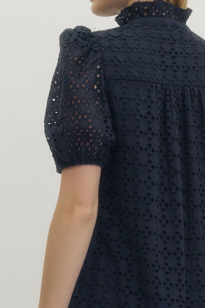 Eyelet Puff Sleeve Midi Dress - Navy