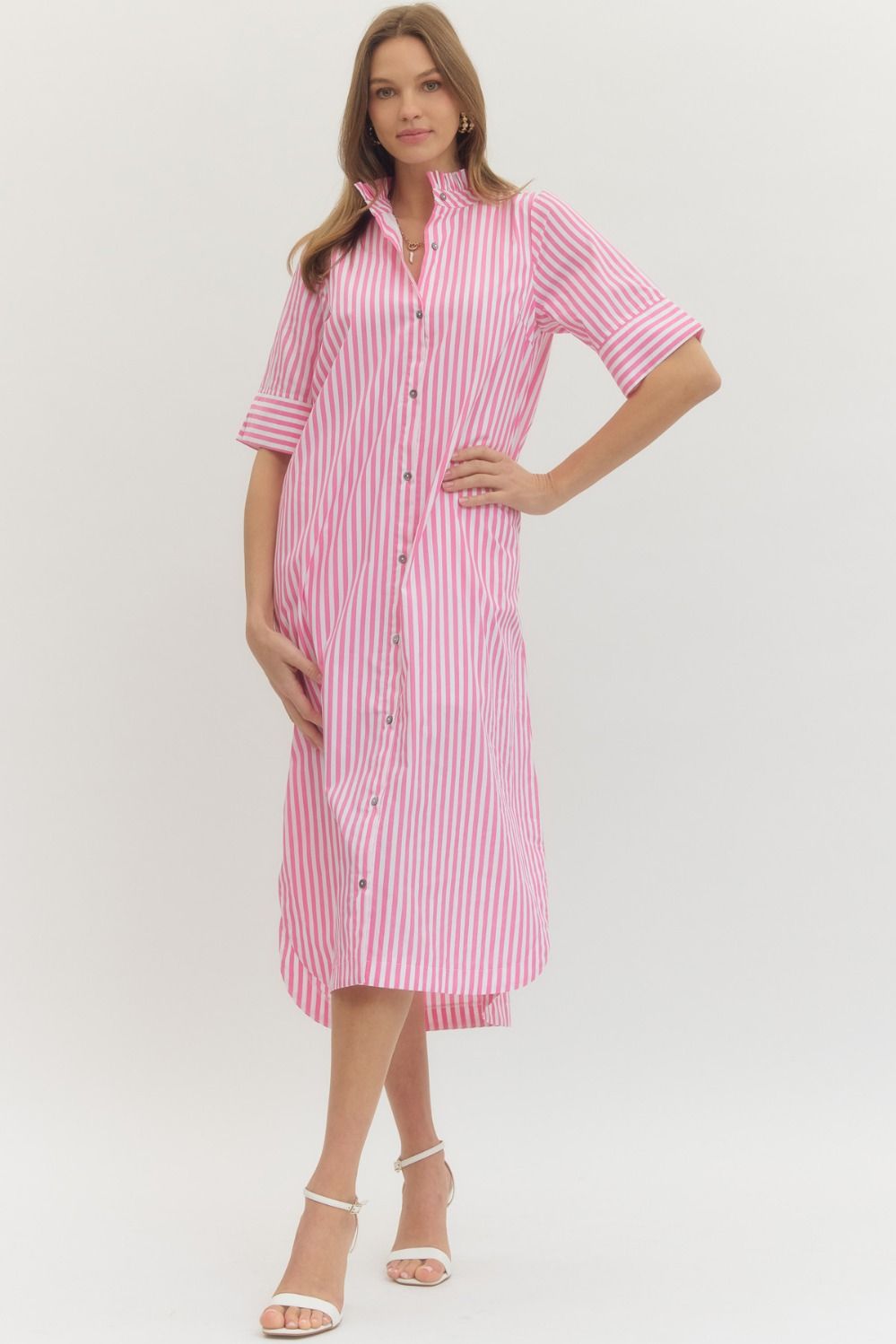 Stripe Ruffle Collar Button Down Dress - Light Pink