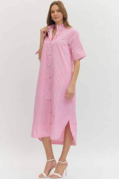 Stripe Ruffle Collar Button Down Dress - Light Pink