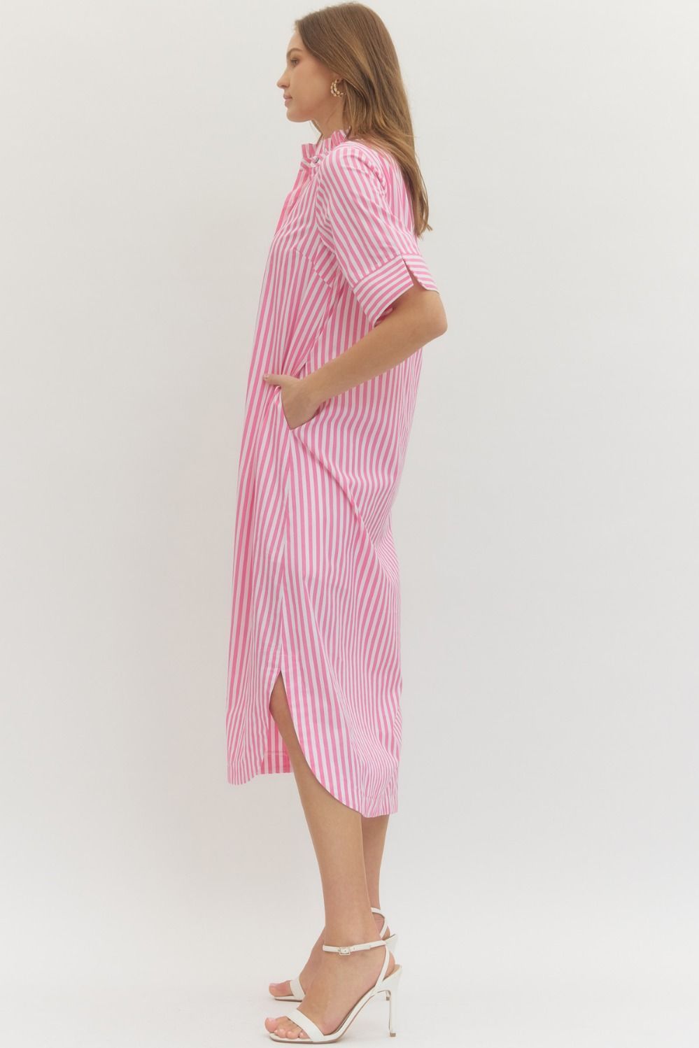 Stripe Ruffle Collar Button Down Dress - Light Pink
