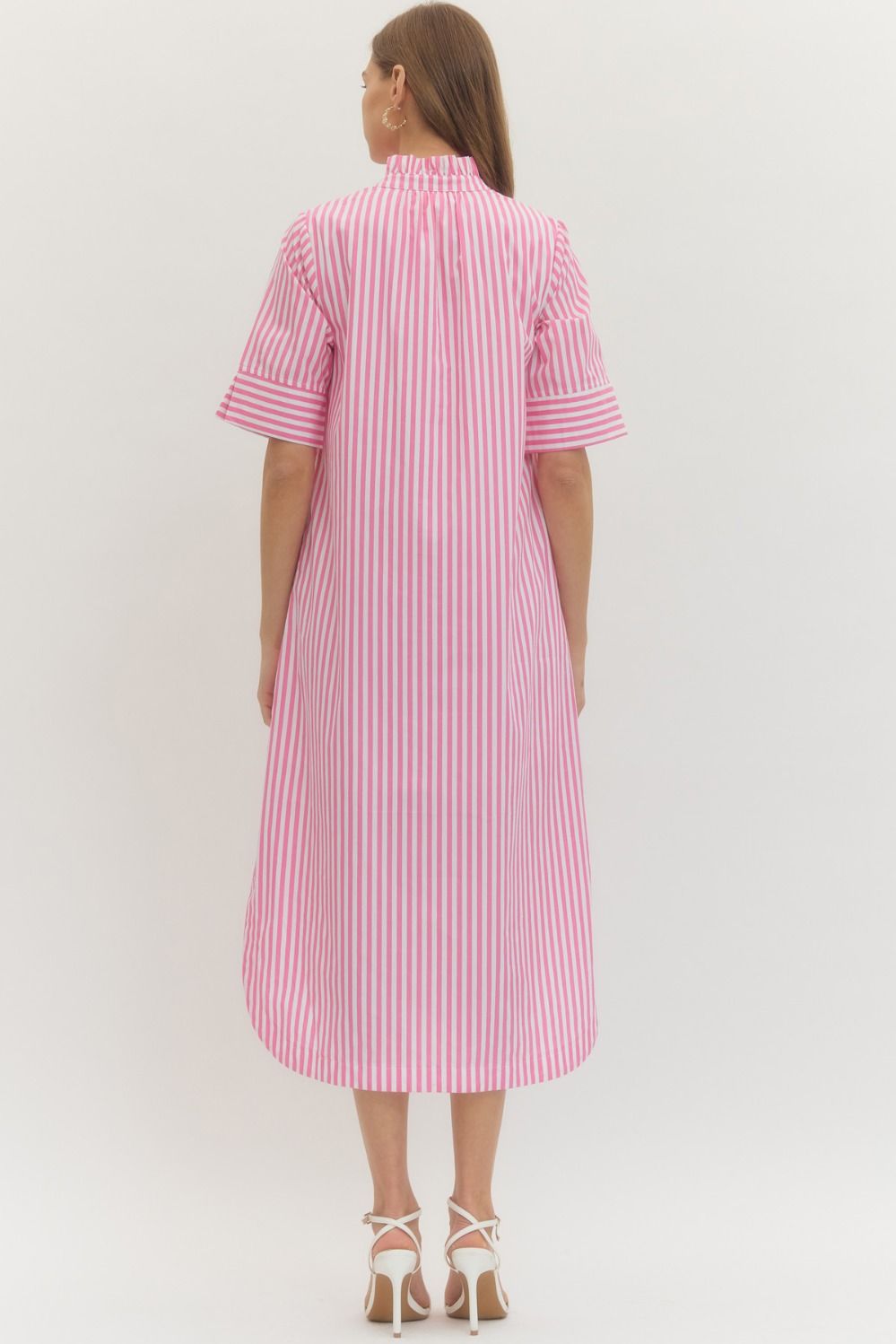 Stripe Ruffle Collar Button Down Dress - Light Pink