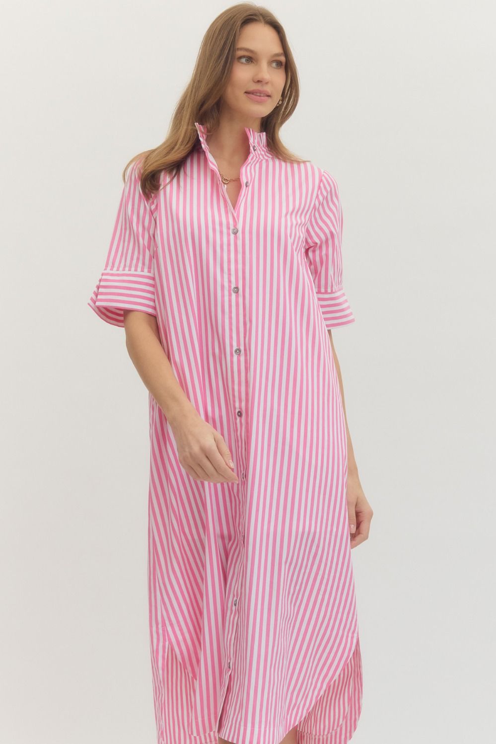 Stripe Ruffle Collar Button Down Dress - Light Pink