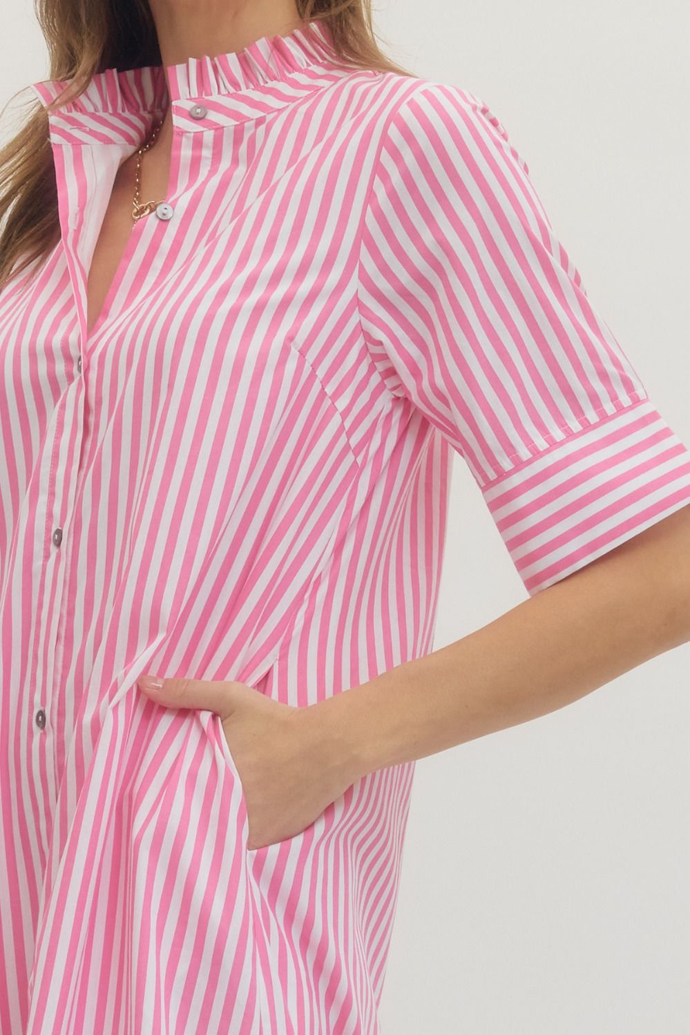 Stripe Ruffle Collar Button Down Dress - Light Pink