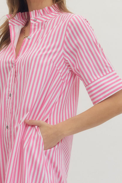 Stripe Ruffle Collar Button Down Dress - Light Pink