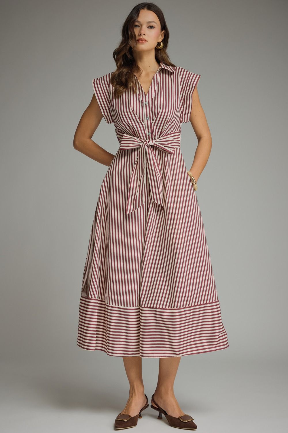 Striped Cap Sleeve Midi Dress - Burgundy