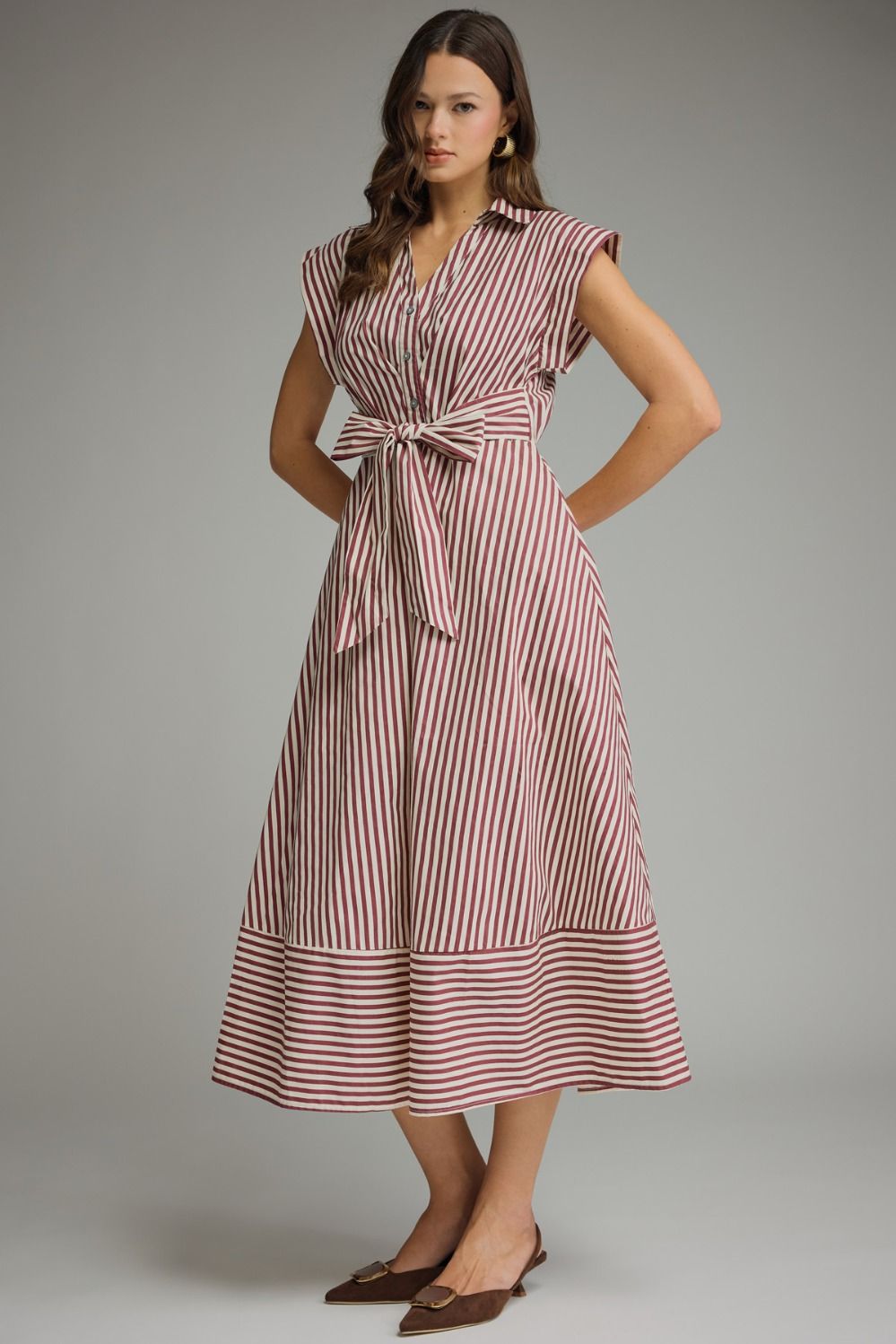 Striped Cap Sleeve Midi Dress - Burgundy