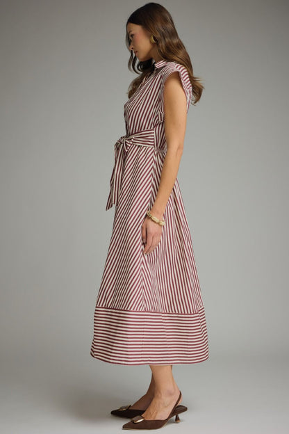 Striped Cap Sleeve Midi Dress - Burgundy