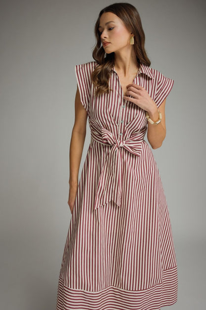 Striped Cap Sleeve Midi Dress - Burgundy