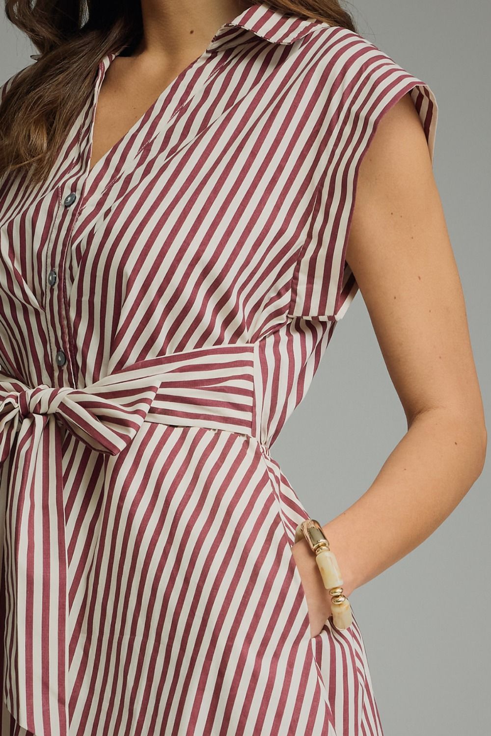 Striped Cap Sleeve Midi Dress - Burgundy
