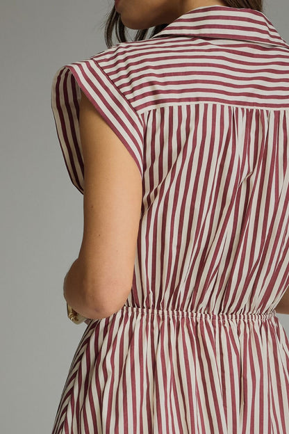 Striped Cap Sleeve Midi Dress - Burgundy