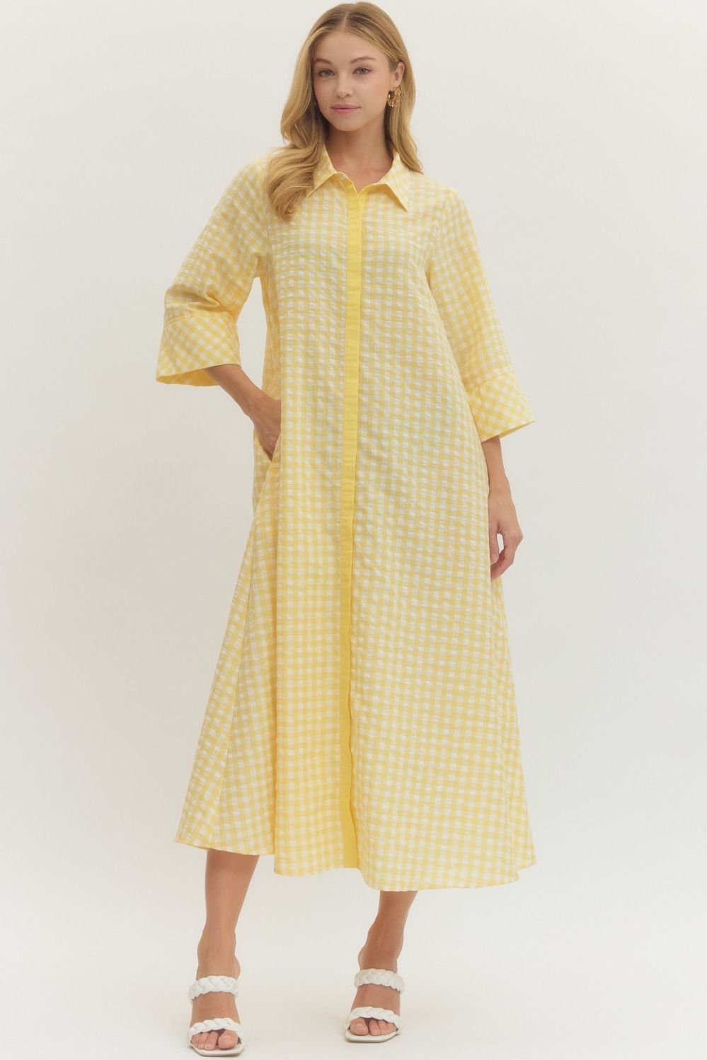 Gingham 3/4 Sleeve Midi Dress - Lemon