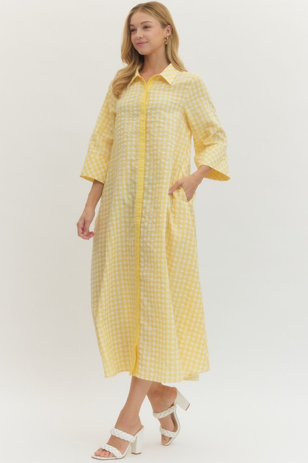 Gingham 3/4 Sleeve Midi Dress - Lemon