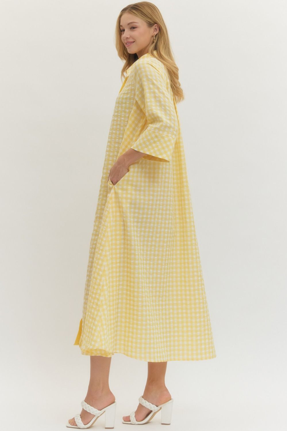 Gingham 3/4 Sleeve Midi Dress - Lemon