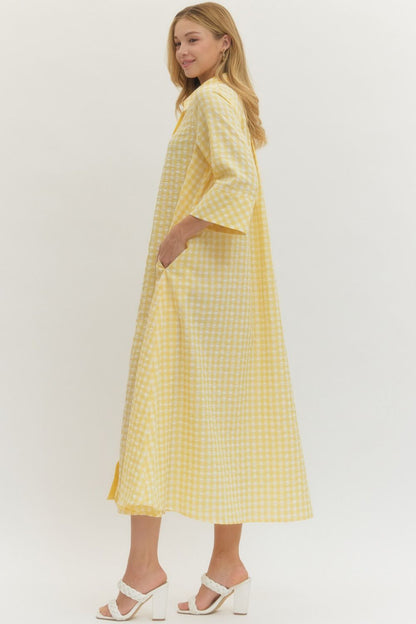 Gingham 3/4 Sleeve Midi Dress - Lemon