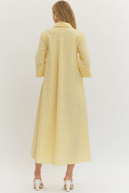 Gingham 3/4 Sleeve Midi Dress - Lemon