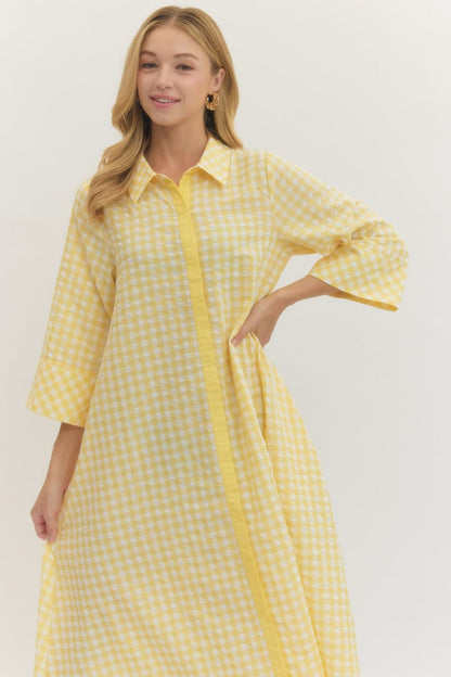 Gingham 3/4 Sleeve Midi Dress - Lemon