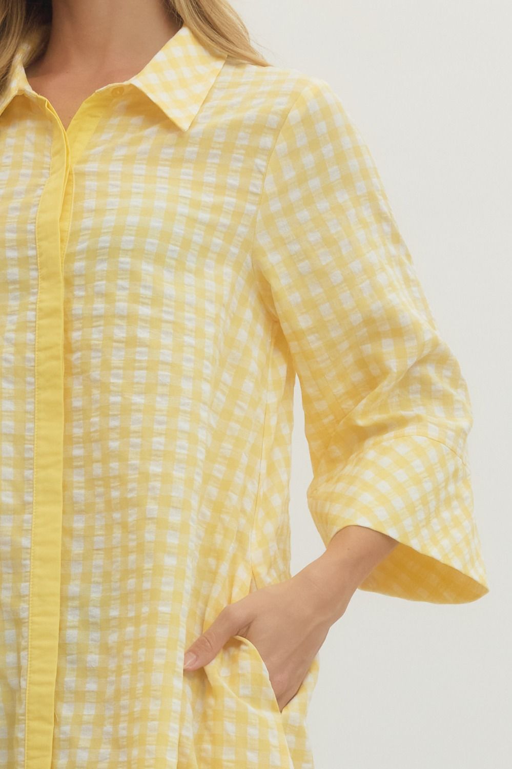 Gingham 3/4 Sleeve Midi Dress - Lemon