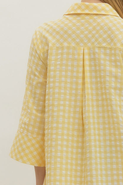 Gingham 3/4 Sleeve Midi Dress - Lemon