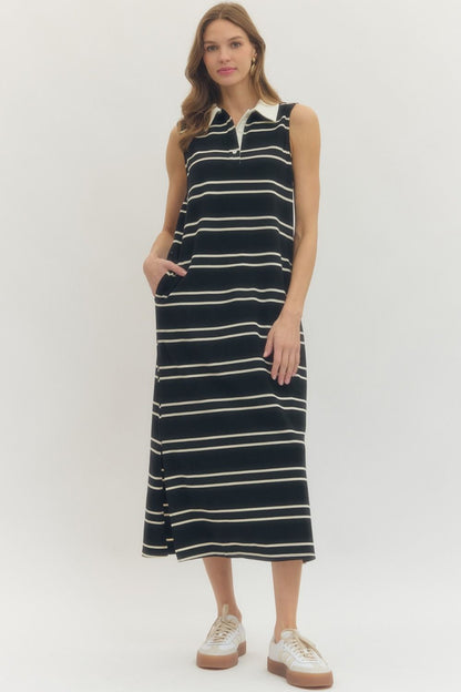 Contrast Collar Striped Sleeveless Midi Dress - Black