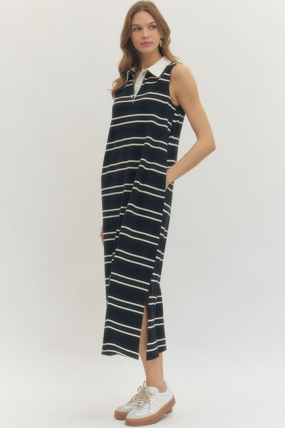 Contrast Collar Striped Sleeveless Midi Dress - Black