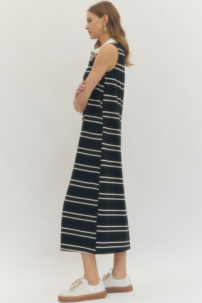 Contrast Collar Striped Sleeveless Midi Dress - Black