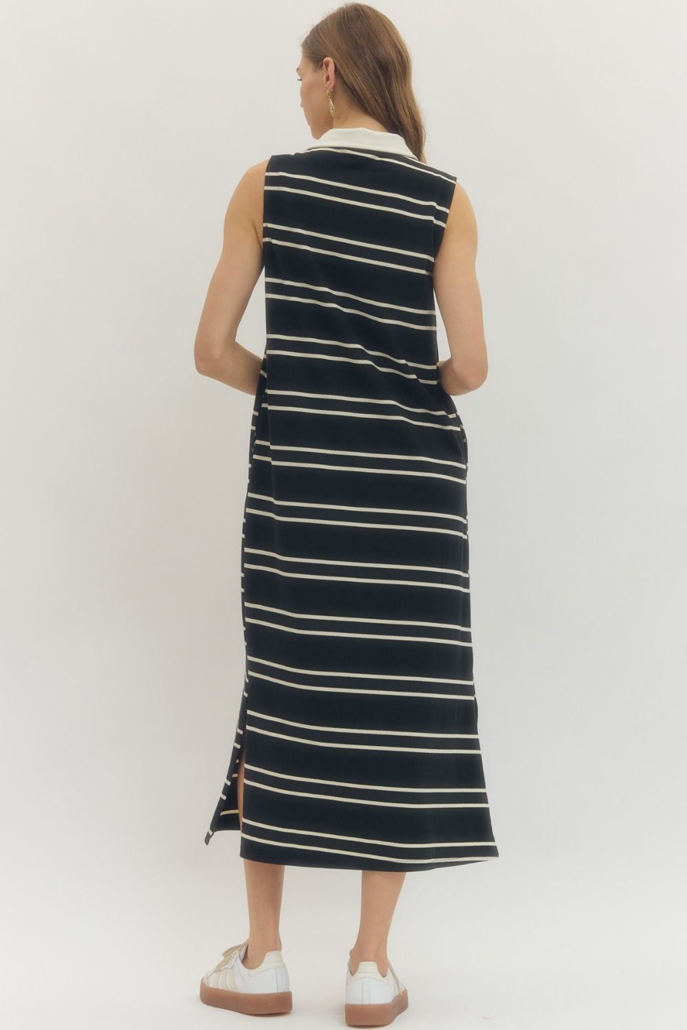 Contrast Collar Striped Sleeveless Midi Dress - Black