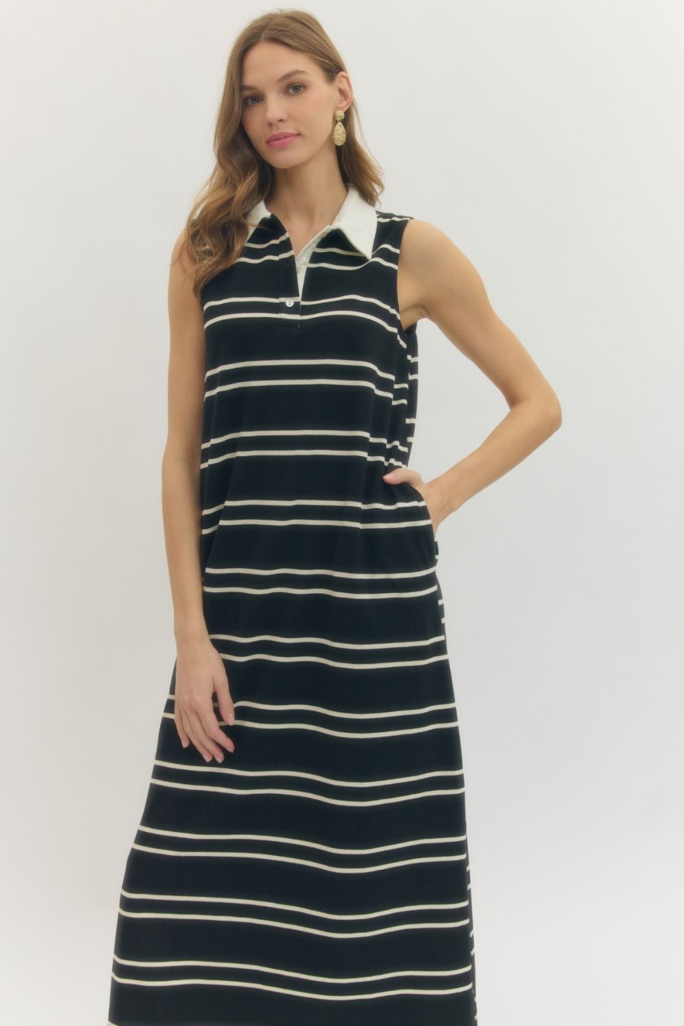 Contrast Collar Striped Sleeveless Midi Dress - Black
