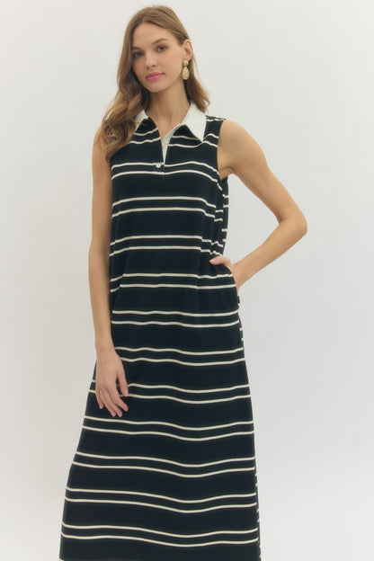 Contrast Collar Striped Sleeveless Midi Dress - Black