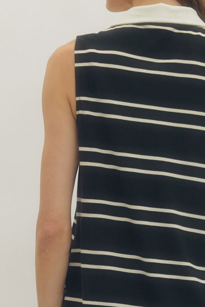 Contrast Collar Striped Sleeveless Midi Dress - Black