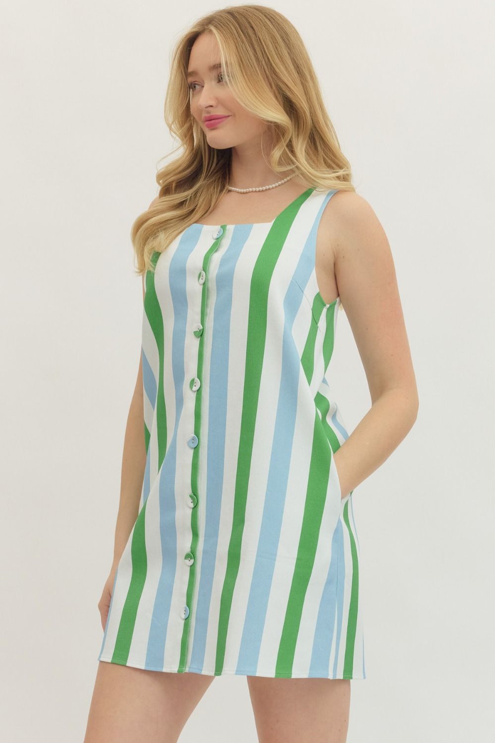 Striped Sleeveless Mini Dress - Green/Blue
