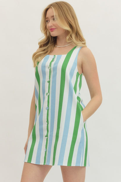 Striped Sleeveless Mini Dress - Green/Blue