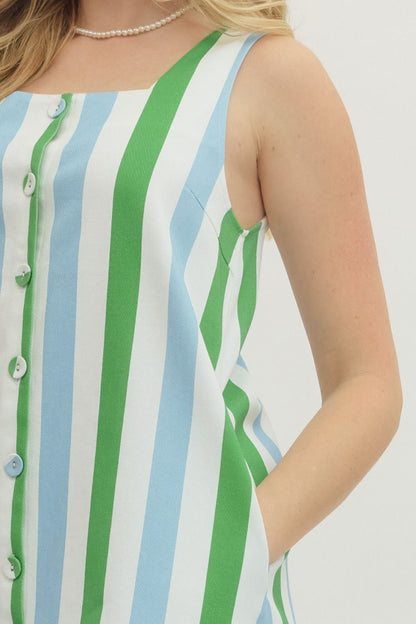 Striped Sleeveless Mini Dress - Green/Blue