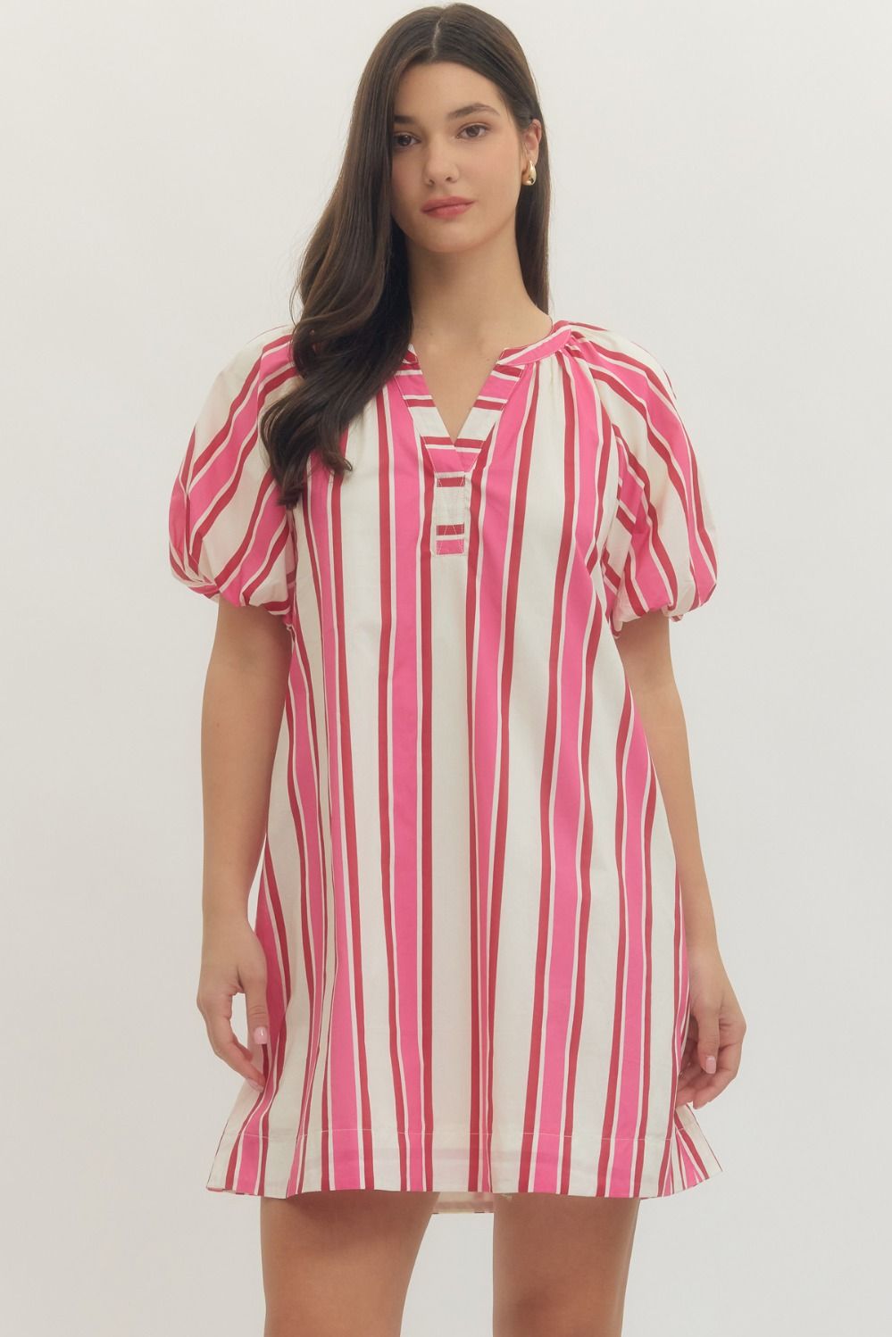 Stripe Puff Sleeve Mini Dress - Pink/Red
