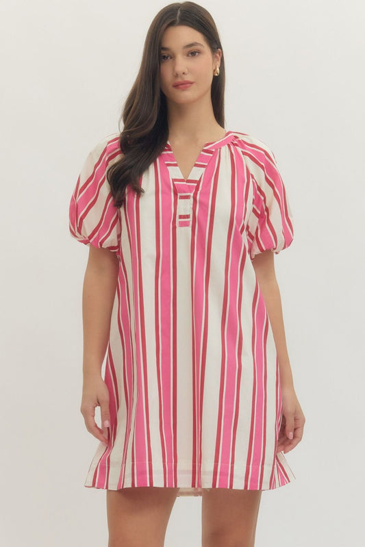 Stripe Puff Sleeve Mini Dress - Pink/Red